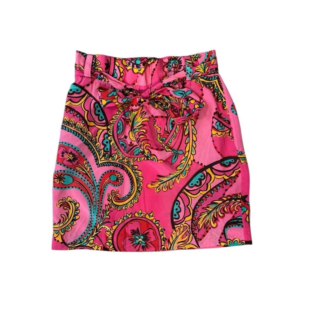 Lilly Pulitzer Anamaria 100% Silk Skirt‎ Tailored Straight Pockets Belt Sz Small